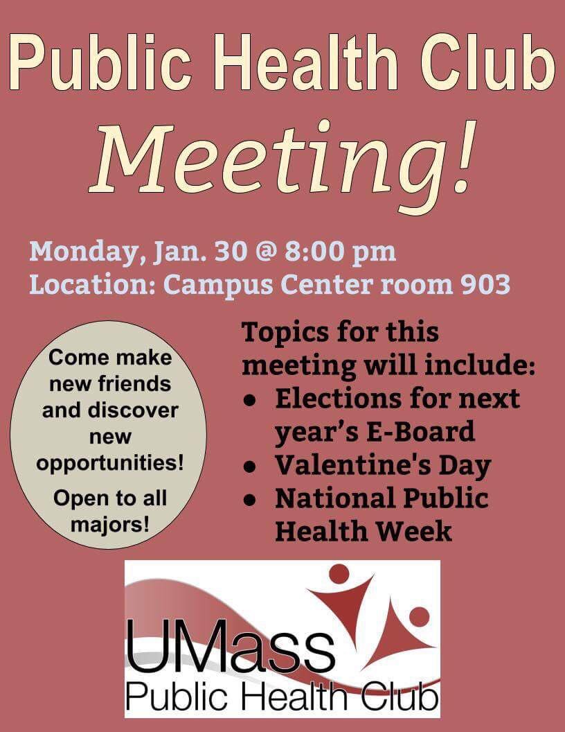 UMassPHC's tweet photo. Don't miss out on the first public health meeting of the semester happening tomorrow January 30th at 8PM in the campus center room 903! https://t.co/RPvAOYZV0Q