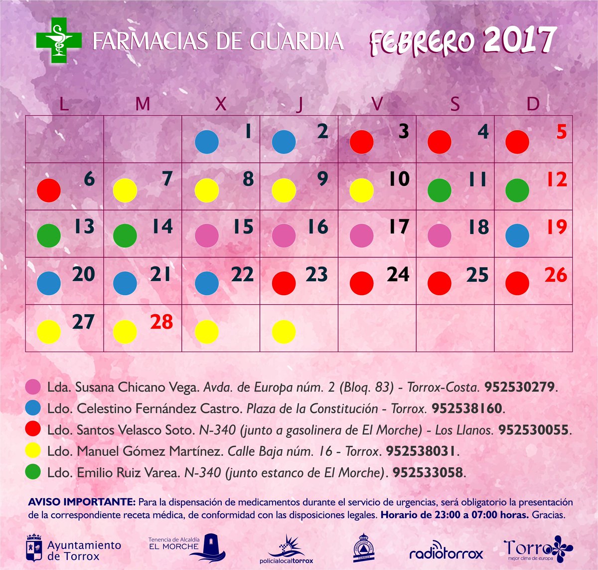 Ayto_Torrox's tweet photo. #FarmaciasDeGuardia de #Febrero #2017 
#MunicipioTorrox https://t.co/cvAm8BBjzv