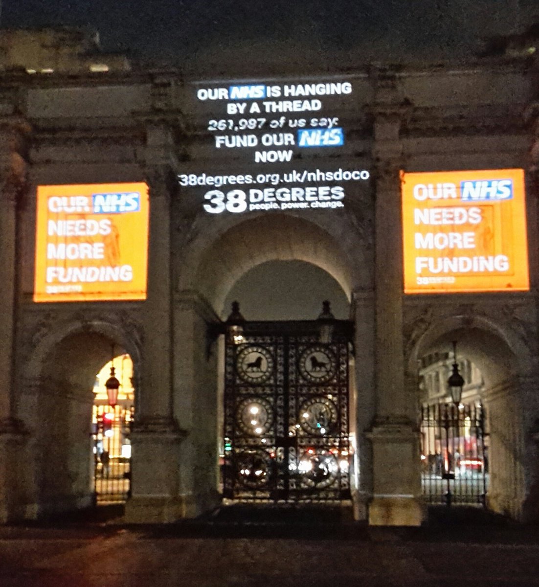 38degrees's tweet photo. 38 Degrees members' demand for more NHS funding was live on Marble Arch last night #fundourNHS - RT to celebrate https://t.co/ApAXPU8Cy1