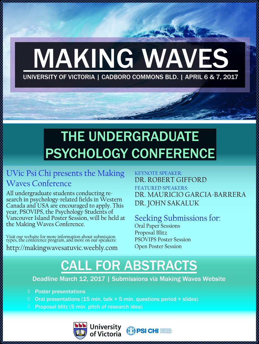 UvicPsiChi's tweet photo. Abstracts are due March 12th. Check out our submission categories!
#wearemakingwaves #makingwaves2k17 https://t.co/LEbreEiiep
