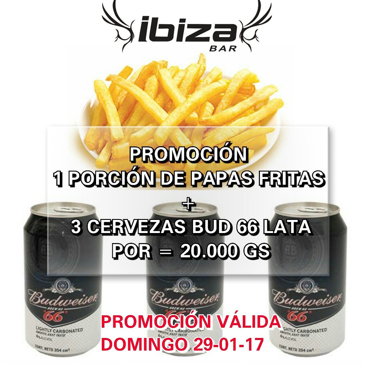 ibizaBar_PJC's tweet photo. Super PROMO 3 LATAS DE BUD 66 + PAPAS FRITAS X 20.000GS!!! 🍺🍺🍺+🍟👌👏 #ibizabar #bud #budweiser #promo #papasfritas #cerveja #cerveza #picadas https://t.co/krbgm63Q25