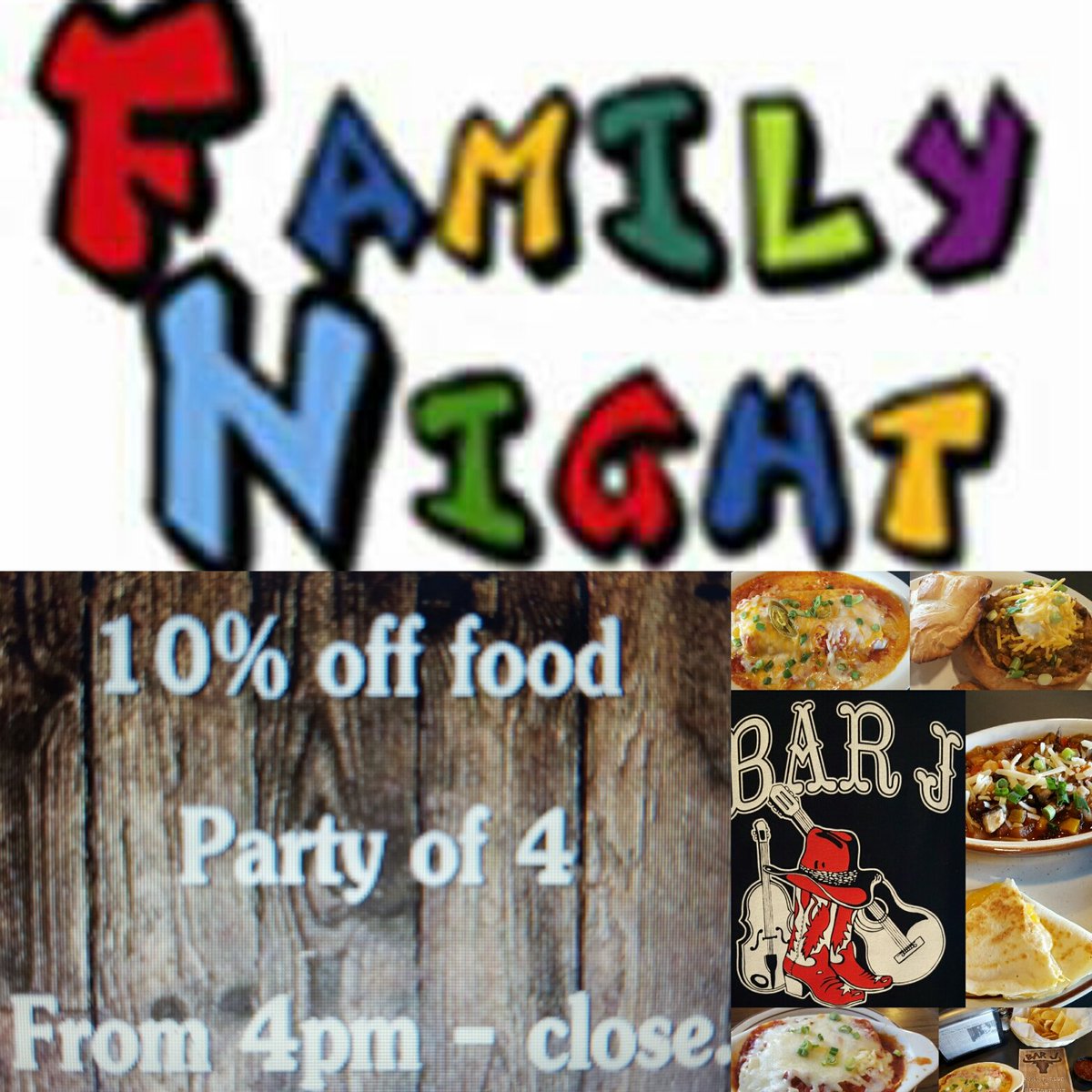 Sundays from 4 - close is Family Night at Bar J.

10% off your food bill for a family of 4 or more.