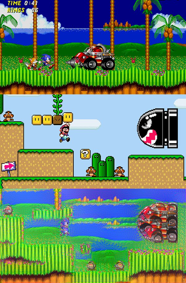 PhilippSeifried's tweet photo. Started toying around with @alexjc's #NeuralDoodle. Tried to make it transfer Sonic's style onto a Mario screenshot. https://t.co/124v2aPdhT https://t.co/pN7zzPaFKt
