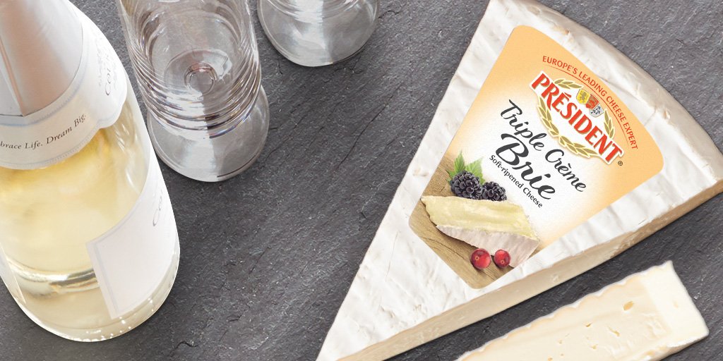 presidentcheese's tweet photo. Say hello to your new #party pairing! Triple Crème Brie pairs perfectly with a tall glass of bubbly. https://t.co/2lSeF4t70S #lifewellpaired https://t.co/R0Ym2J853Y