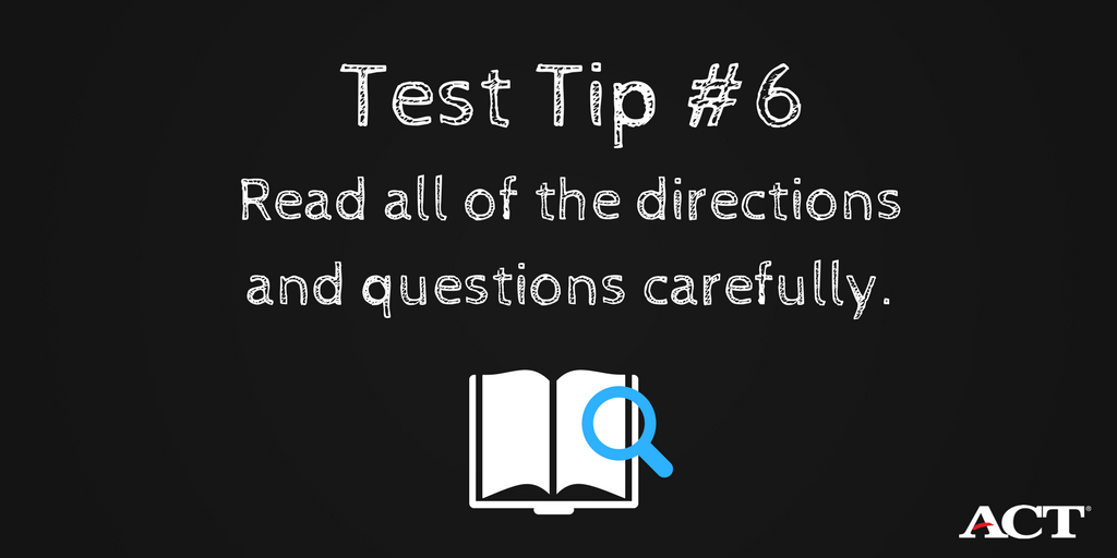 ACTStudent's tweet photo. ACT Test Tip: Don't skip important instructions. Make sure to read all of the directions and questions carefully. https://t.co/LLeiYk7pLM