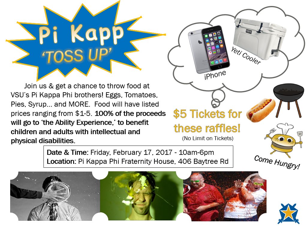 PiKappVSU's tweet photo. Come out and throw stuff at your favorite (or least favorite) Pi Kapp so we can raise money and support people with disabilities https://t.co/p6X8XUqAeD