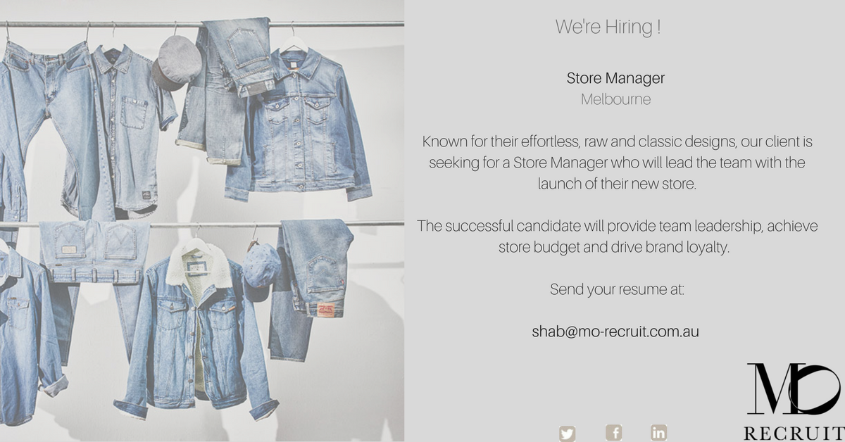 MORecruit's tweet photo. An exciting new opportunity for a Store Manager based in Melbourne! To apply click here: https://t.co/Tl1G3qZ3H3 https://t.co/w2HLL3MwHh