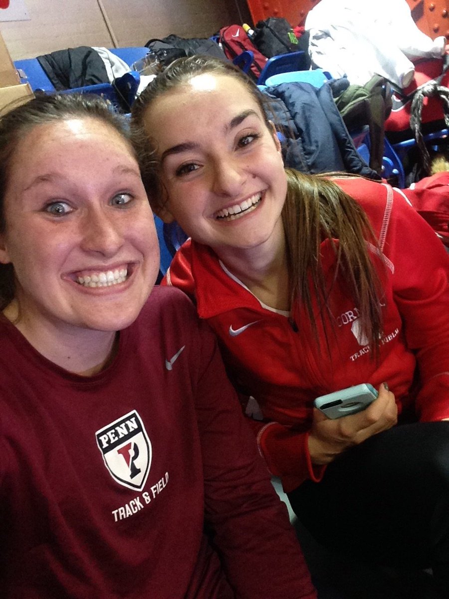 GCHSGirlsTrack's tweet photo. So amazing to see Sara &amp; Katie competing against each other in college!! We all miss you both. #D1 #PROUD #trackfamily #saycheese https://t.co/haGjF7U80J