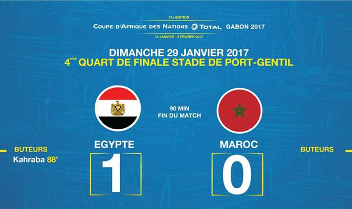Match #EGYMAR les resultats.
L'#Egypte qualifiee pour la demi finale de la #CAN2017 . Bravo au #Maroc pour cette performance.
#AFCON2017