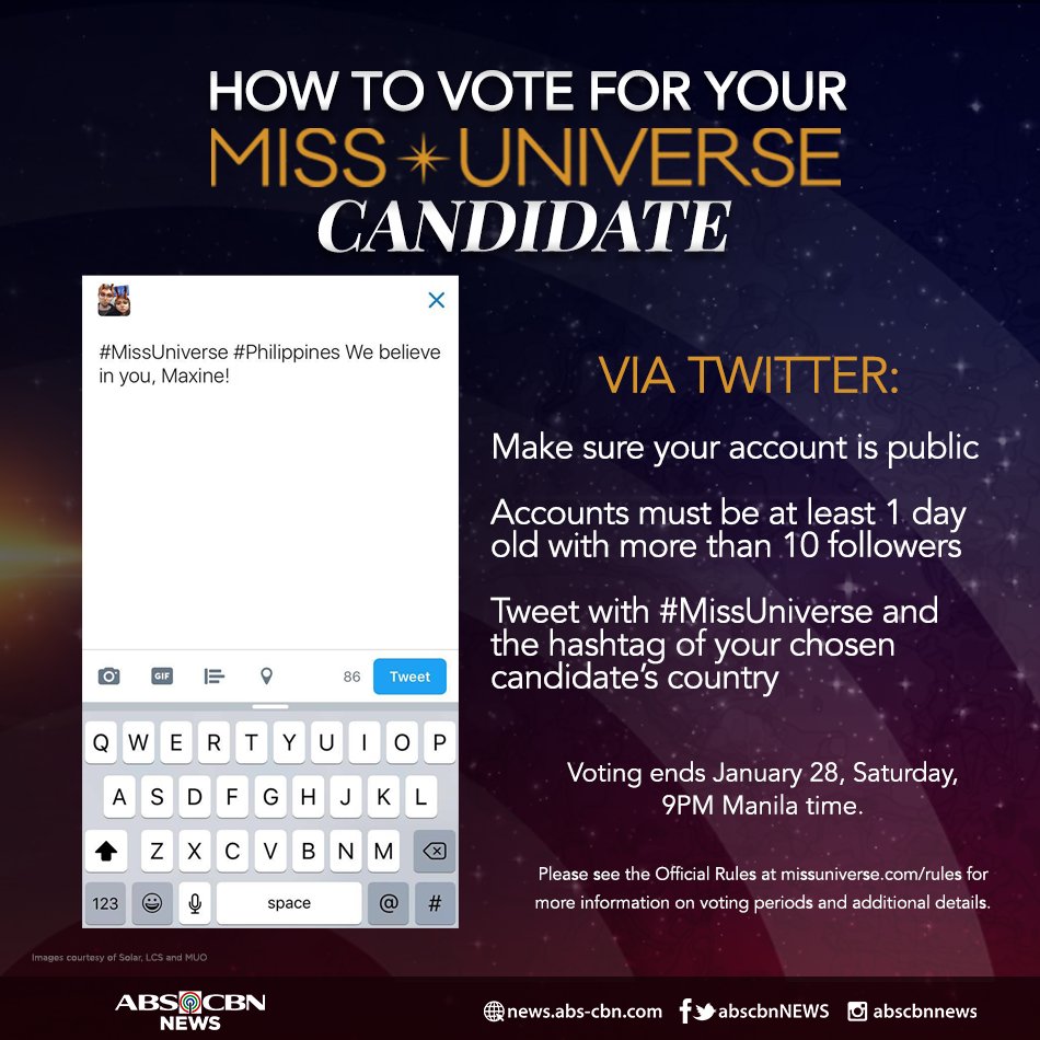 ABSCBNNews's tweet photo. Voting is now open! Help #MissUniverse #Philippines Maxine Medina move closer to the title. Here's how: https://t.co/nPZhCAWAnb