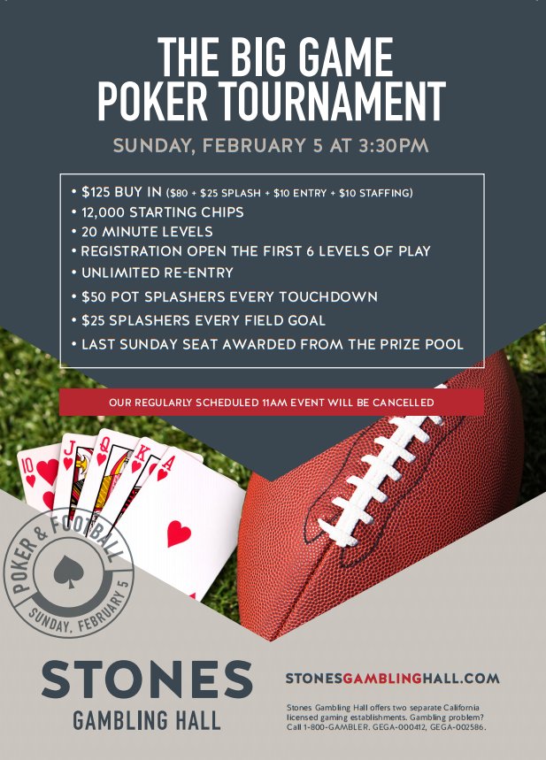 StonesGambling's tweet photo. Are you ready for #TheBigGame #poker #tournament this Sunday #Splashpots! $125 buy in!
Registration is open! https://t.co/ZtxxbPicoU