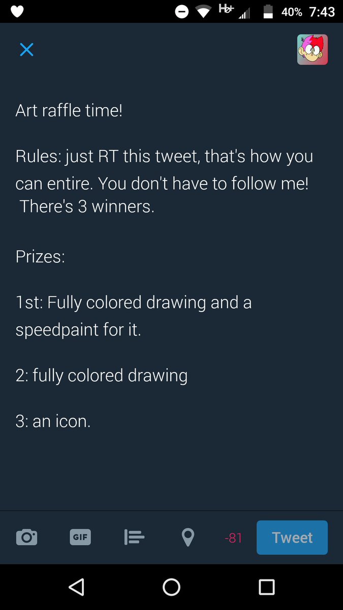xWhsi's tweet image. Art raffle time!

Ends in 1 hour.

RT to enter I guess.

(I made a typo, damn auto correct.)