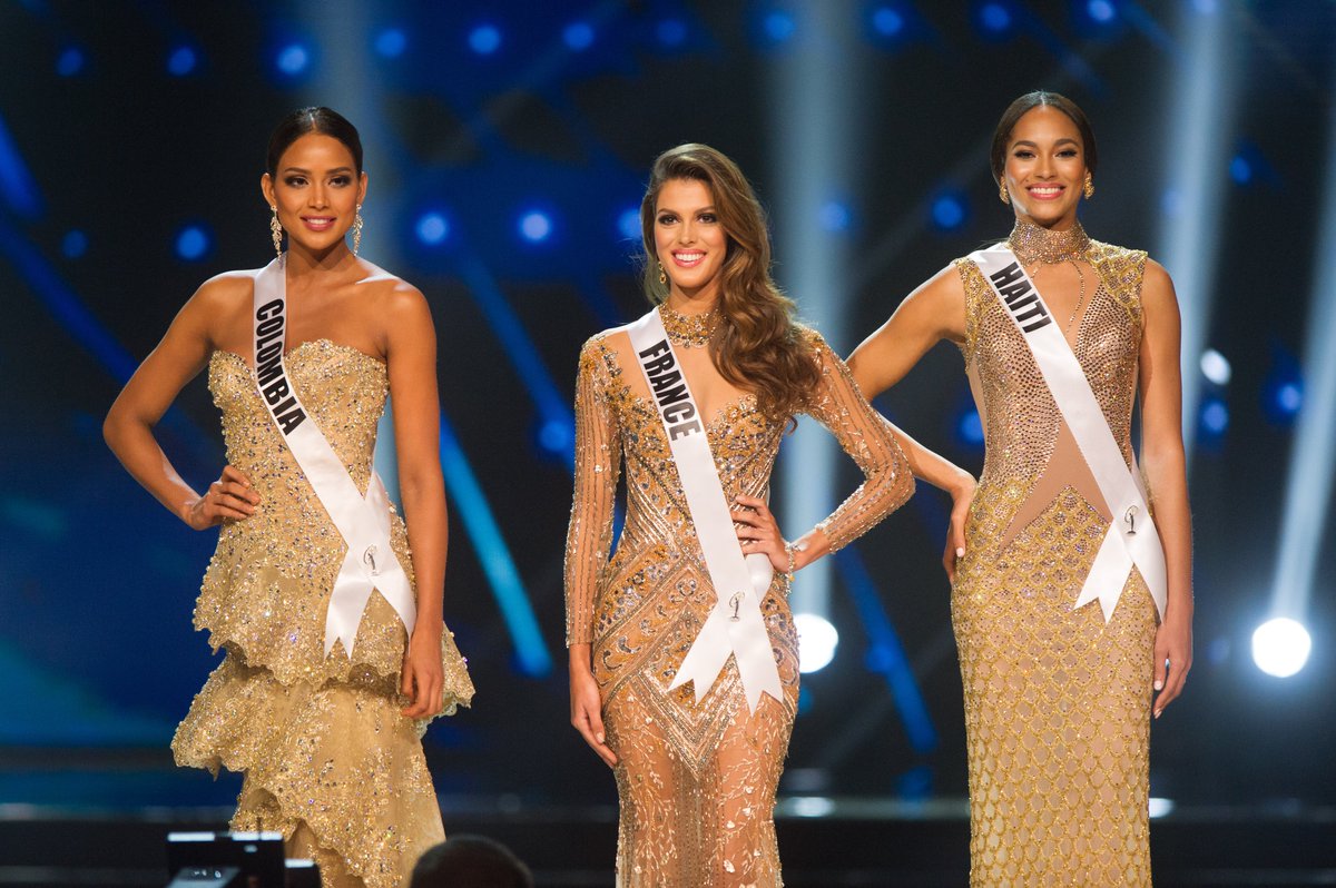 MissUniverse's tweet photo. All that glitters is gold. Our Top 3: France, Haiti, Colombia #MissUniverse https://t.co/LWBE4ty25c