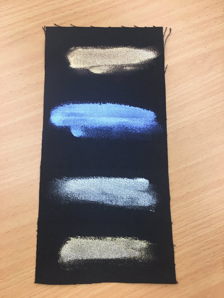 Permaset's tweet photo. Some of our Permaset Foil Egfects colours painted up on black fabric today #permaset #foileffects #metallicinks https://t.co/13pksphUw5