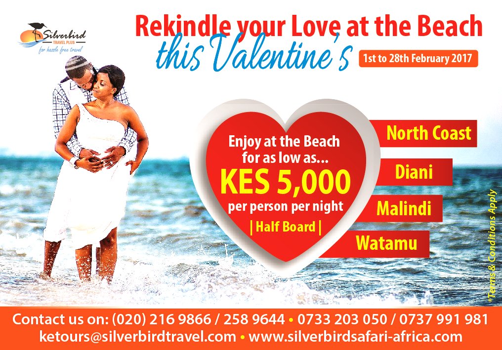 silverbirdtours's tweet photo. Kenyan beach holiday offers-Valentine specials
https://t.co/tw9oDAQ0LW #SampleKenya #TembeaKenya @MagicalKenya @honeymoonamaze #love @kot https://t.co/5sD99T4pNT