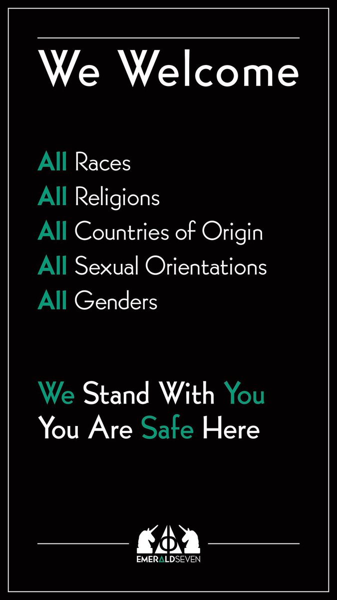 emerald7design's tweet photo. We Welcome: All Races, All Religions, All Countries of Origin, All Sexual Orientations, All Genders. We Stand With You. You Are Safe Here. https://t.co/lzebST09Cn