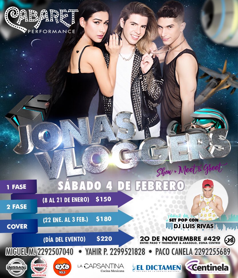 Eventos_Ver1's tweet photo. ¡Faltan 6 días!
Los @jonasvloggers en @CabaretPerf 
Sábado 4 de Febrero 
Preventa: $180
Día del evento: $220
Boletos al 2299409613 https://t.co/eVkG9Xm3Oo