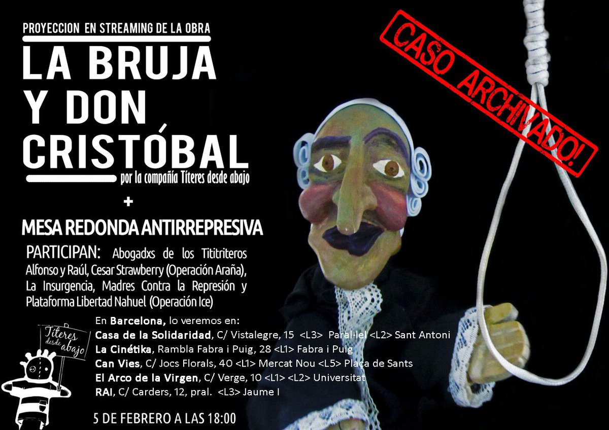 Proyecciones del streaming de la obra La Bruja y Don Cristóbal en Barcelona libertadtitiriteros.org/proyecciones-d…