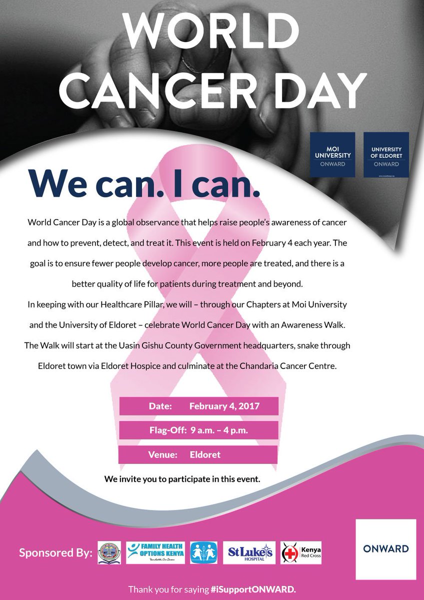 onward254's tweet photo. Join us on the World Cancer Day walk in Eldoret. 

#OnwardToBetterHealth 
#WorldCancerDay 
#WeCancervive https://t.co/jRIUFL1IRd