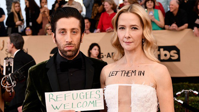 Celebrities protest <a href="/realDonaldTrump/">Donald J. Trump</a>'s immigrant ban on the #sagawards red carpet bit.ly/2kDgNsl
