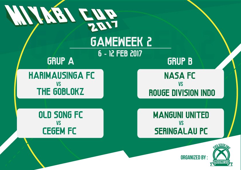 FifaXOneIDN's tweet photo. dan berikut jadwal pertandingan minggu ini #FIFA17 #proclubs #Indonesia #Xboxone Miyabi Cup 2017 https://t.co/Zg3g0j7xGe