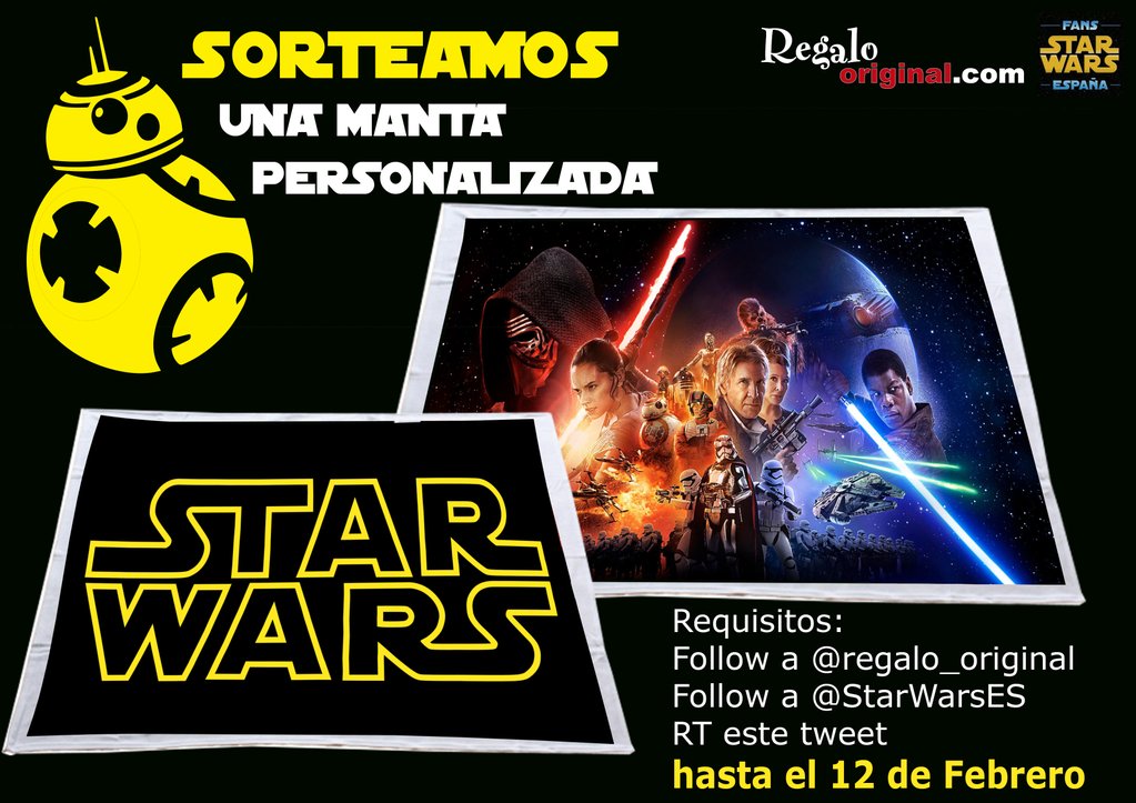 NUEVO SORTEO ➡ Manta con diseño personalizado 👇

Haz RT, sigue a <a href="/StarWarsEs/">Star Wars ESP 🌍</a> y <a href="/regalo_original/">RegaloOriginal.com</a> y ¡¡participa!!

Que la suerte os acompañe.