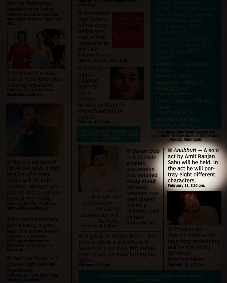 RuhManch's tweet photo. Anubhuti - 11th Feb @ 7:30pm - Lamakaan, Hyderabad.

Deccan Chronicle Listing - 6th Feb https://t.co/9j71FoyFQA