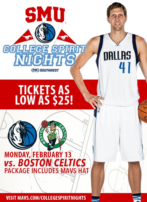 Ready for <a href="/SMU/">SMU</a> Night <a href="/DallasMavs/">Dallas Mavericks</a>? Join us 2/13 for the <a href="/Celtics/">Boston Celtics</a> game; 1st 250 get swag: mavs.com/collegespiritn…