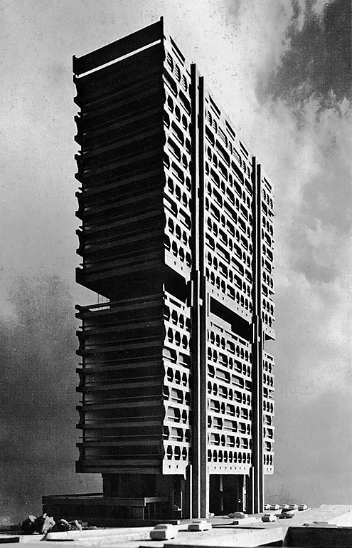 klaustoon's tweet image. Perennial favorites: Kenzo Tange: Dentsu Headquarters building (1967) Tokyo, Japan. #brutalist #architecture #metabolist #utopia
