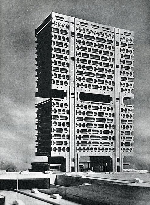 klaustoon's tweet image. Perennial favorites: Kenzo Tange: Dentsu Headquarters building (1967) Tokyo, Japan. #brutalist #architecture #metabolist #utopia