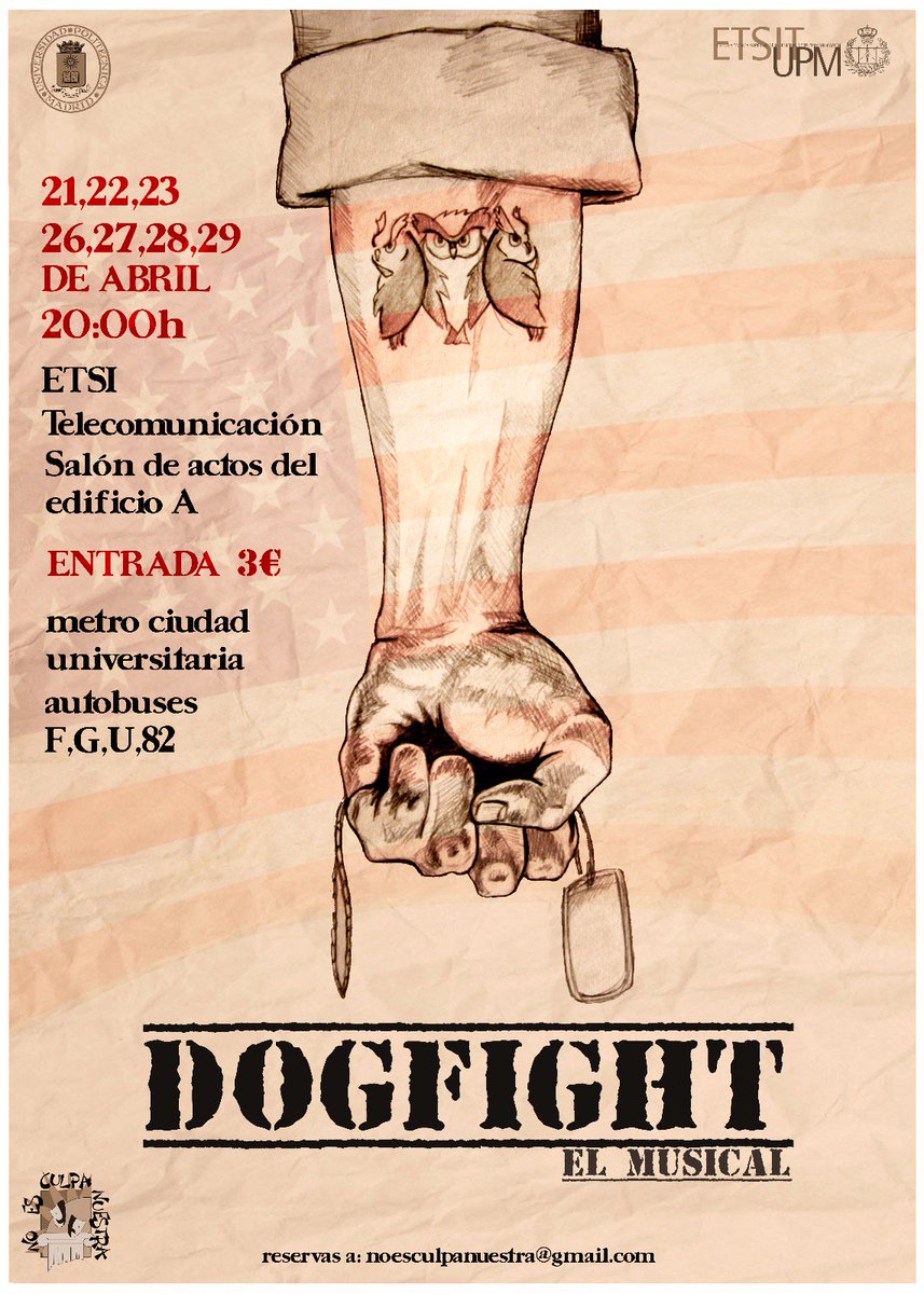 Ya tenemos cartel de "DOGFIGHT", el musical que presentamos al festival este año. ¡Apuntaos las fechas y no dudéis en venir a vernos! :)
