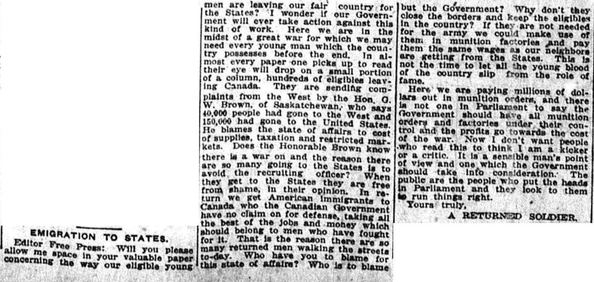 Returned soldier angry at men emigrating to USA to avoid military service. #LdnOnt #WWI #FWW #conscientiousobjector