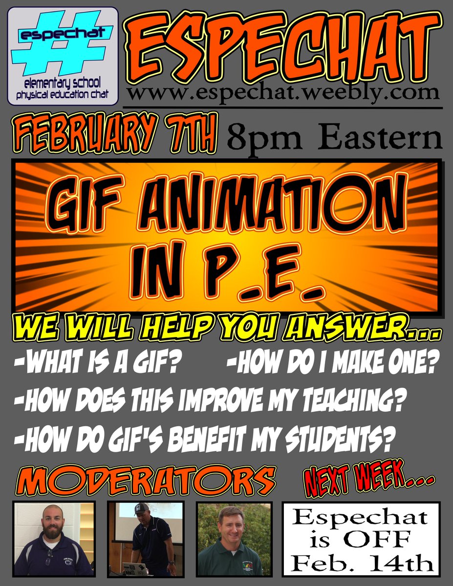 #espechat Topic this Tues. 8pm EST is "GIF animation in #PhysEd"&amp; we welcome ALL educators to come learn/share #edchat #edtech #education
