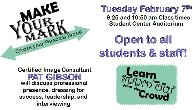 AUCareer_Center's tweet photo. Make your Mark on Tuesday with Image Consultant Pat Gibson. Learn about professional presence, dressing for success, leadership &amp; interviews https://t.co/rmiuXbZwhb