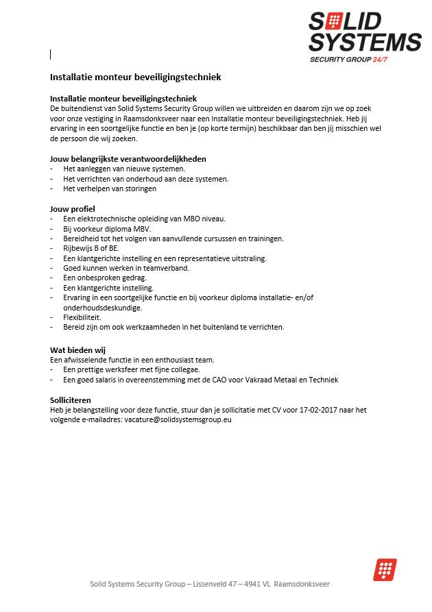 SolidSystemsBV's tweet photo. #Vacature #installatie #monteur #beveiligingstechniek Interesse? Neem contact met ons op!! #SolidSystems https://t.co/WiJLew3qel