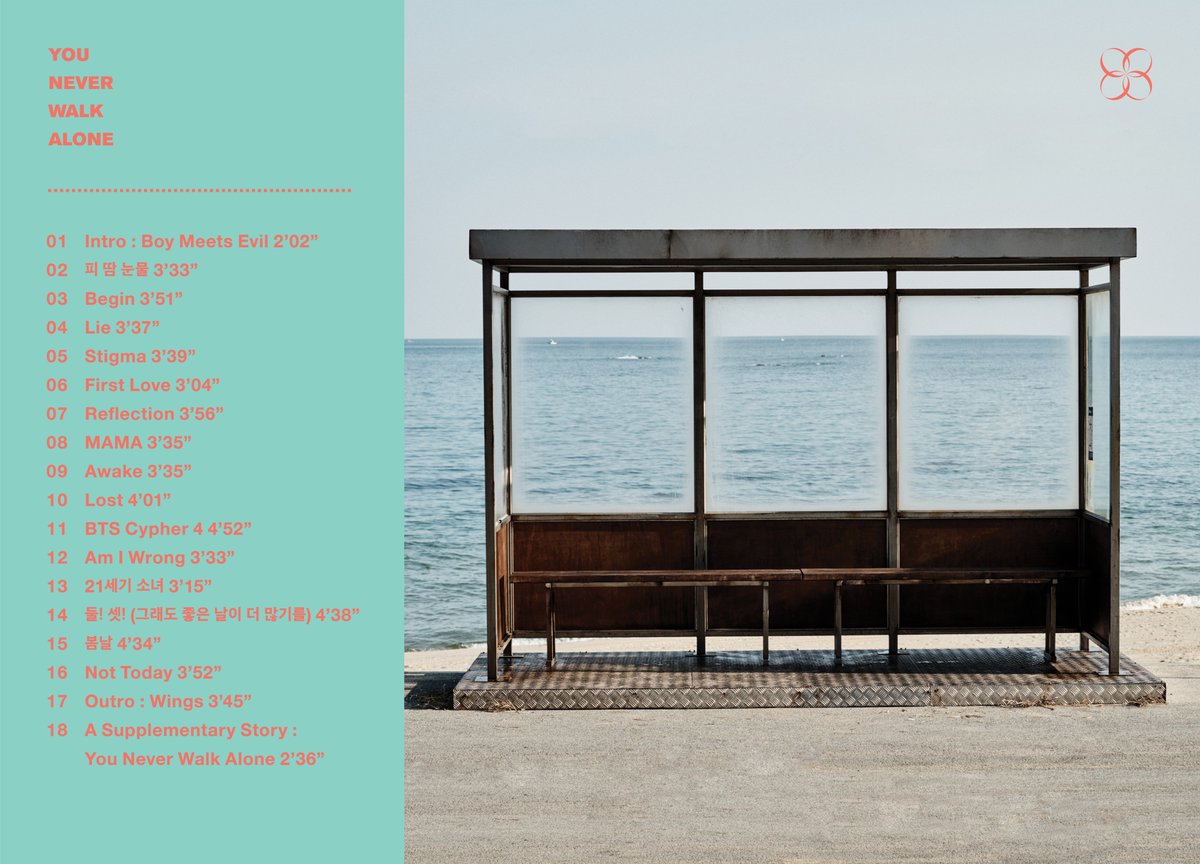 [INFO] BTS You Never Walk Alone Album Tracklist.
4 new tracks.
15. 봄날 Spring day.
16. Not Today
17. Outro:Wings
18. A Supplement Story:YNWA
