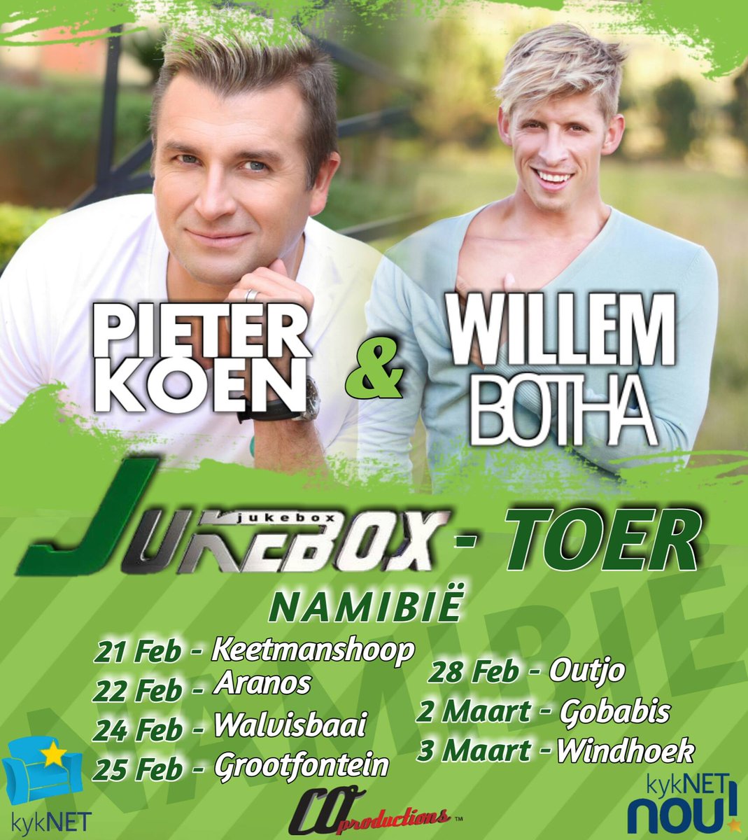 Namibië is julle reg vir die Jukebox-toer? Vanaf 21 Feb kom <a href="/Pieter_Koen/">Pieter Koen</a> &amp; <a href="/WillemBotha/">Willem Botha</a> kuier. Vir meer info jukeboxtoer.co.za