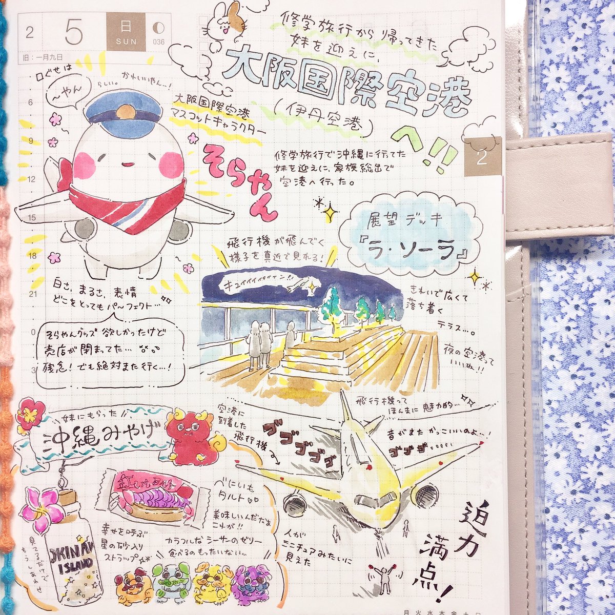 2月5日の #ほぼ日手帳
3年ぶりに空港へ。かっこいい飛行機を間近で眺められて嬉しかった～。空港のゆるキャラ「そらやん」の可愛さはもっと知られるべき...!

#こと日手帳 