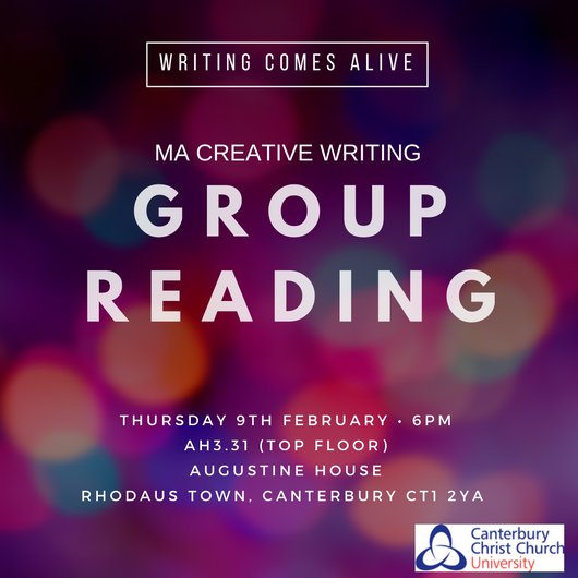Come and see our brilliant MA students give their final reading, this Thursday, 6pm, in Augustine House 3.31 <a href="/CanterburyCCUni/">Canterbury Christ Church University</a>