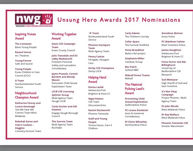 SeeMeHearMeWM's tweet photo. Congrats to colleagues up for @NatWorGroup awards- @coventryhorizon @Helen_StTeams @WMPolice @wmpCSE @WMROCU @dudleymbc @SolihullCouncil https://t.co/yF6LAfu7dE