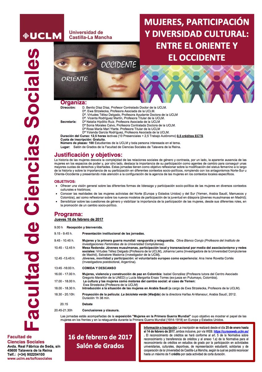 TalaSocial's tweet photo. Curso "Mujeres, participación y diversidad cultural:entre el Oriente y el Occidente": 16 de febrero en el Salón de Grados de la Facultad https://t.co/02VVBS0sOA