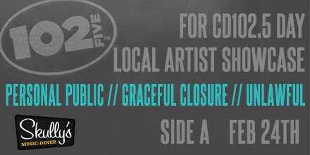 CD929fm's tweet photo. Congrats to our 3 CD102.5 Day Local Artist Showcase (Side A) finalists @PersonalPublic, @gracefulclosure, &amp; @UnlawfulBand! https://t.co/Qp4vylBtuo