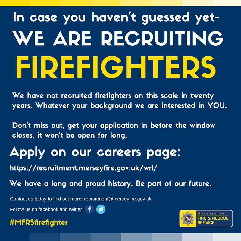 MerseyFire's tweet photo. The question asked most is 'When are you recruiting firefighters?' Answer? NOW! What are you waiting for? We want YOU #MFRSfirefighter https://t.co/J60nwIQf8Z