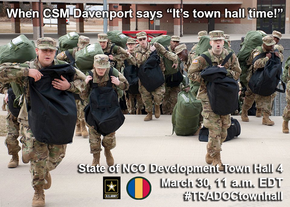 USArmyWHC's tweet photo. RT @USArmy @TRADOC: #TRADOCtownhall is March 30 | https://t.co/9VVXnnZwcj | #USArmy, #ArmyLeaderDevelopment, #Soldiers, #ArmyNCOs https://t.co/sj3VQbNOgC
