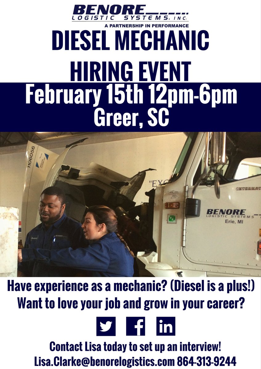 BenoreLogistics's tweet photo. It's time! Calling all Diesel Mechanics! #work4benore #dieselworld #BLShiringevent https://t.co/Uc0l9zzjc0