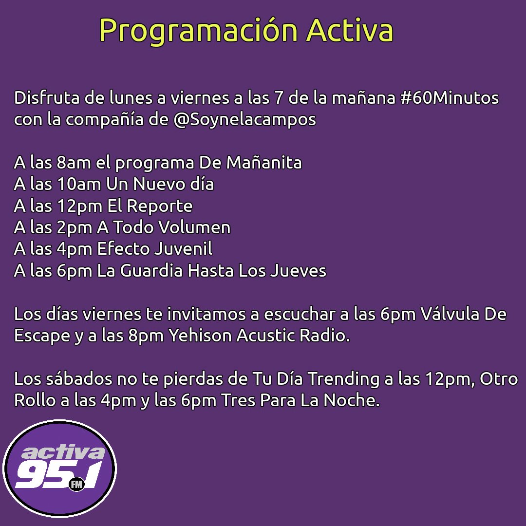 activafm951's tweet photo. ¡No te puedes perder de nuestra programación!
Sintonízanos por nuestra dial 95.1 #ActivaFM #SienteElRitmo #RadioJovenDelOccidenteDelPaís https://t.co/2FT6pySEnV