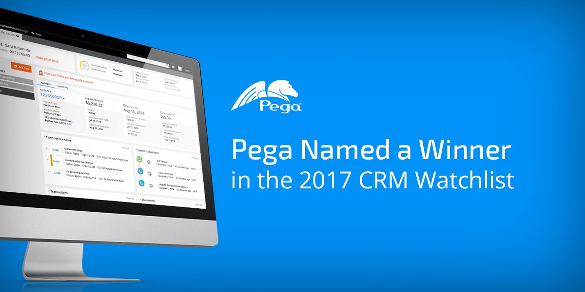 pega's tweet photo. We're very proud to be named (for the second year in a row) in the prestigious #CRM Watchlist. Learn more: https://t.co/QISpTLEBXe https://t.co/BCCHpMknvL