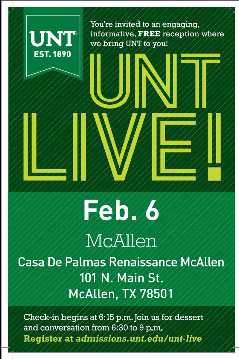#UNT21 in #McAllen! Today is the big day!

Register now for #UNTLive! #IAmUNT 

Admissions.unt.edu/unt-live