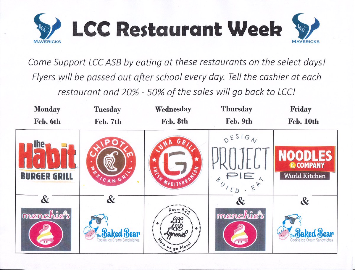 LCCHSASB's tweet photo. This week is RESTAURANT WEEK! Go get some food from the town center while supporting LCC! #scomavs https://t.co/7FJcLd7c5t