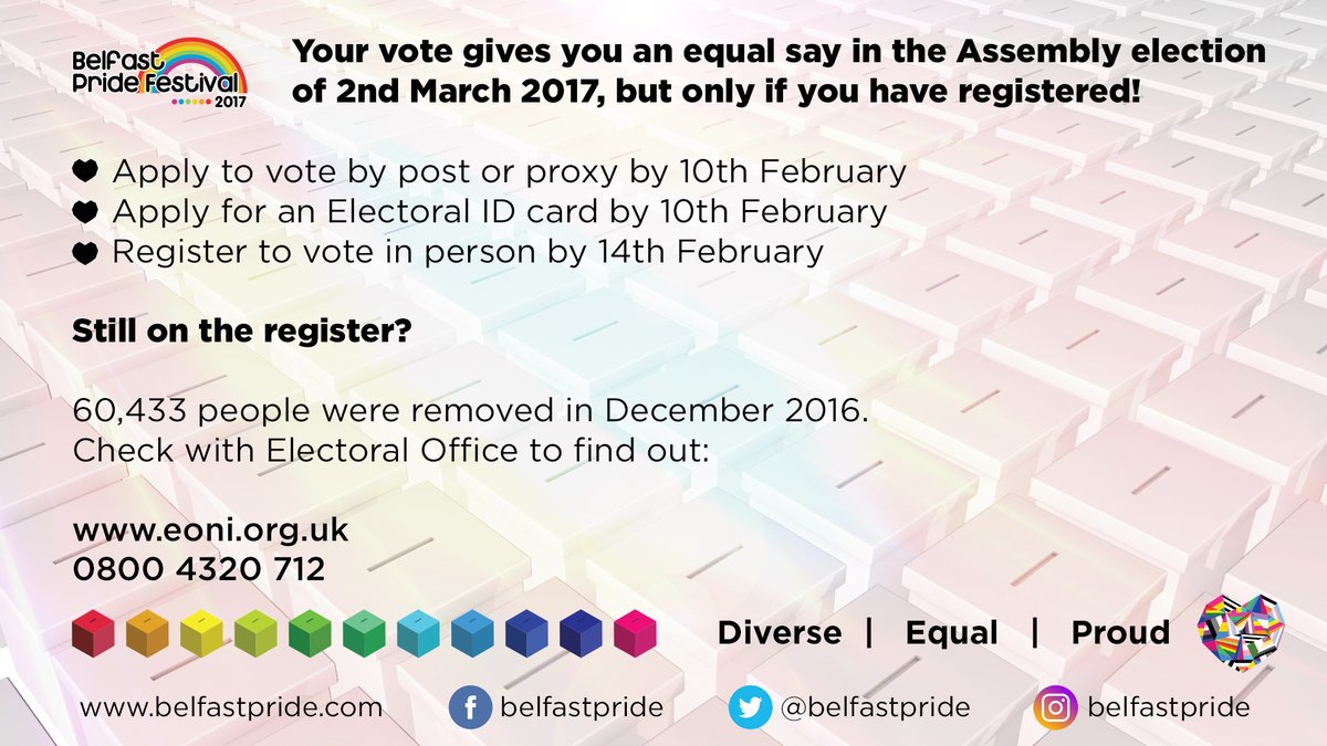 belfastpride's tweet photo. More people left the Electoral Register in January than joined it. Have you registered? Check now to have your voice heard! #bproud2017 https://t.co/QTNGe6wlQE